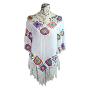 Radzoli Womens Size L Granny Square Crochet Fringe Top Boho